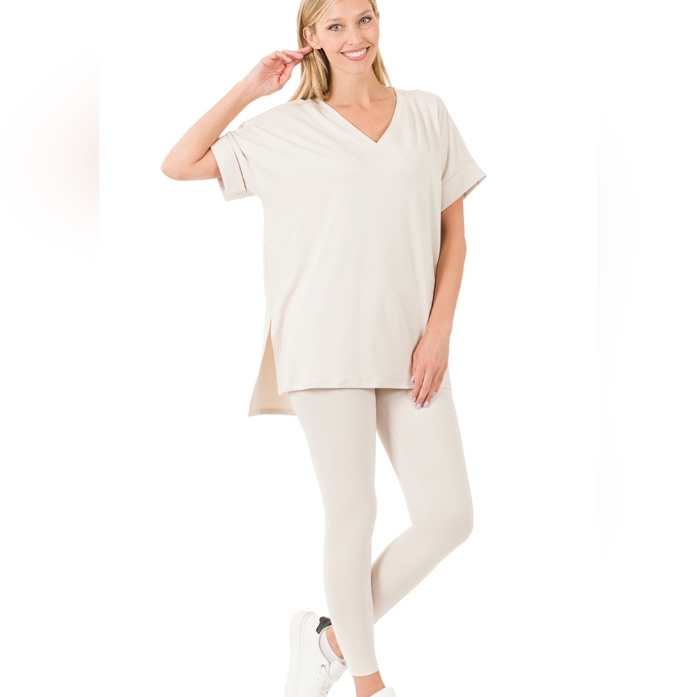 Zenana Cream V-Neck Top and Leggings Set Inseam 25.5